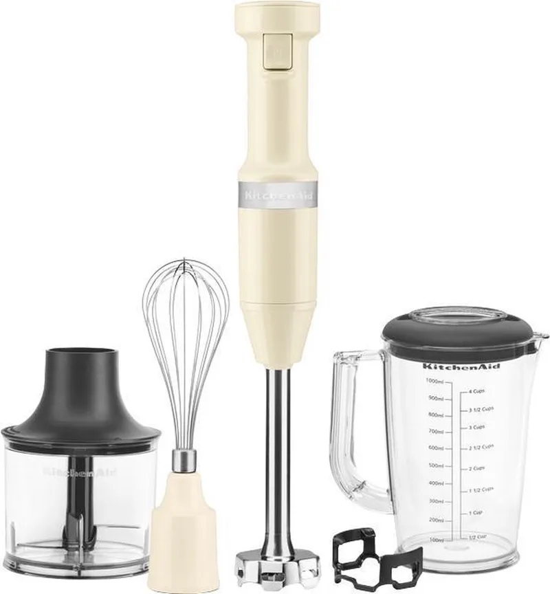 Professionele Kitchenaid Staafmixer Set 20cm - Creme - Garde + Hakmolen + Mengbeker + Panbeschermer von KitchenAid in Amandelwit – Produktfoto