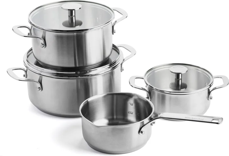 Stainless Steel Kookpannenset 7-delig - 16/20/24cm - 1.5/3.1/4.8L - PFAS-vrij - RVS pannenset - Pannenset inductie - Ovenbestendig tot 220°C - Met glazen deksel - Zilver de KitchenAid en Noir, Argent – photo produit