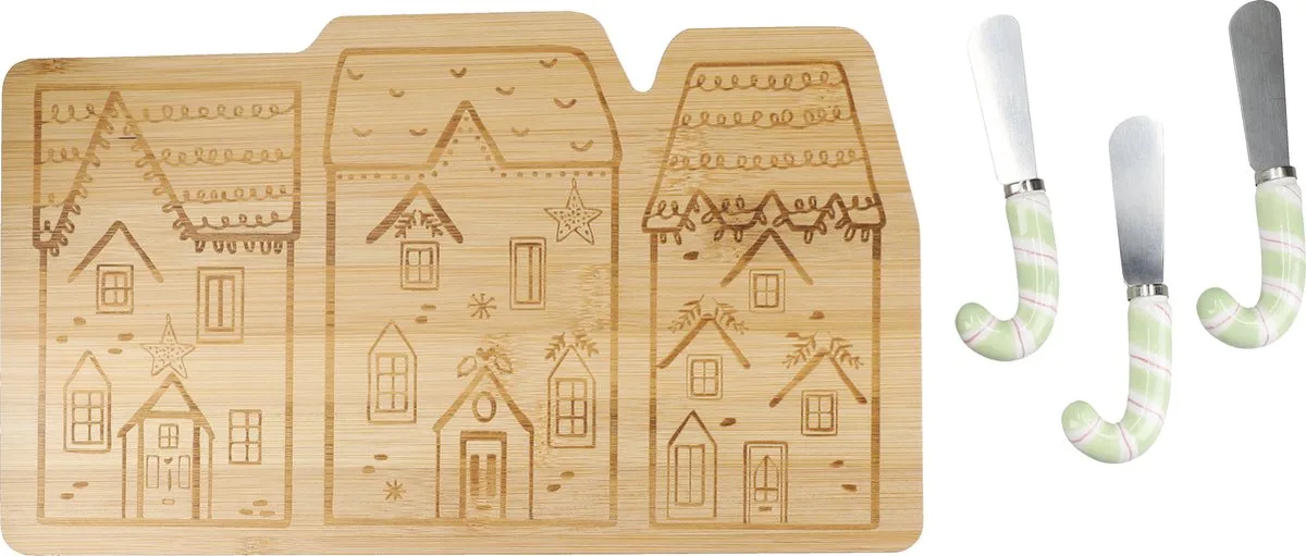 Kaasplank, Serveerplank met Kaasmessen Set, 4-Delig, Bamboe, Huisjes van KitchenCraft in Mixed – productfoto