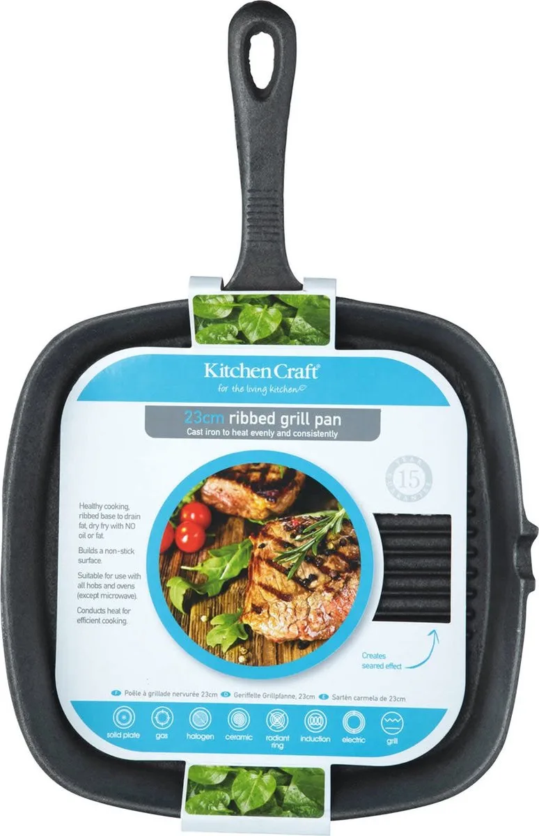 KC Blue Vierkante Gietijzeren Grillpan met Ribbels - Inductieveilig 23 centimeter (9") van KitchenCraft in Zwart – productfoto