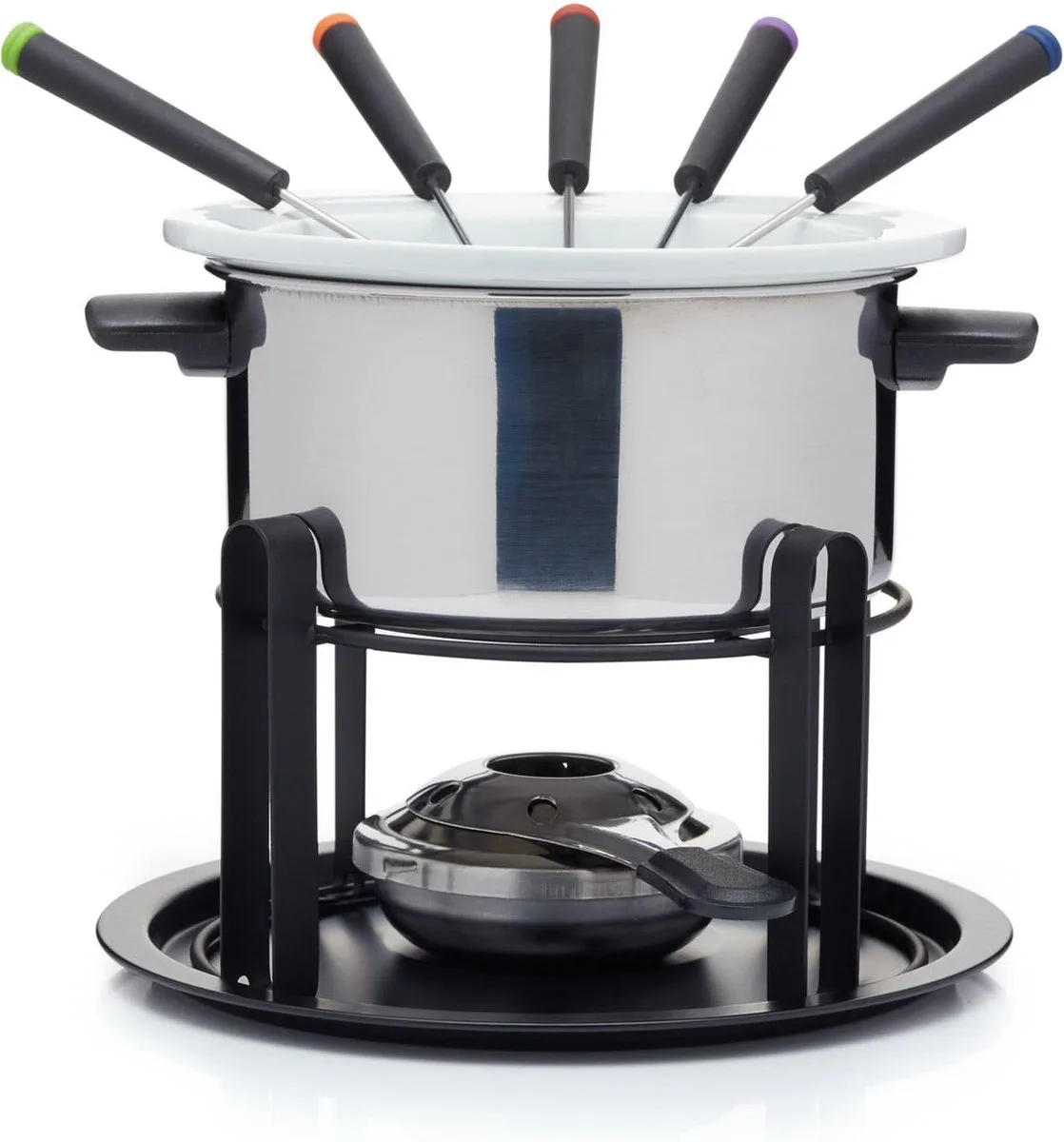 KitchenCraft 3-in-1 Fondueset met Kleurgecodeerde Fondue Vorken (voor Chocolade - Vlees en Kaas Fondue) van KitchenCraft in Zilver – productfoto