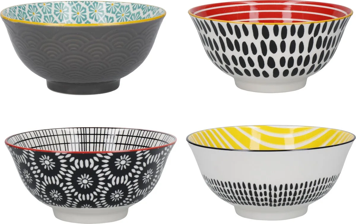 KitchenCraft 4 Keramische Kommen in Geschenkverpakking - Ideaal Voor Roomijs Soep en Meer 'Monochrome' Designs van KitchenCraft in Gemengd – productfoto
