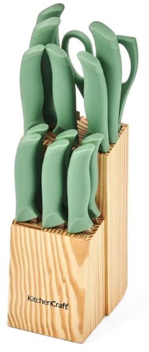 Knife Block Set | 7 Knives | 6 Steak Knives | Shears | Green van KitchenCraft in Groen – productfoto