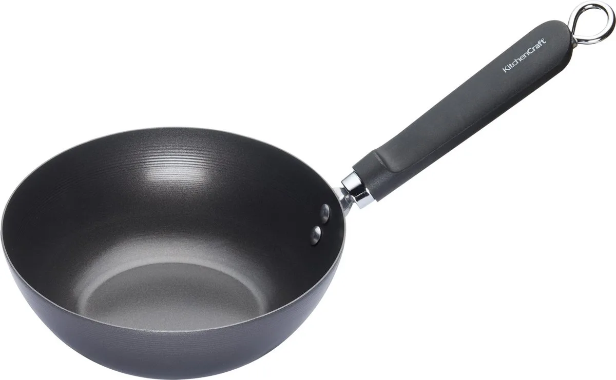 World of Flavours Kleine Wok - Geschikt voor Inductie Koolstofstaal met Anti-Aanbaklaag 20 Centimeter de KitchenCraft en Noir – photo produit