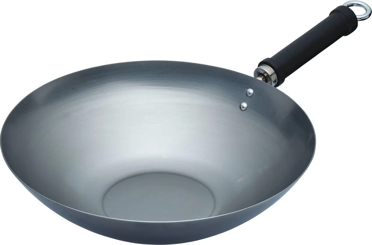 World of Flavours Oosterse vlakke koolstofstalen wok met antiaanbaklaag van 3 cm van KitchenCraft in Grijs – productfoto