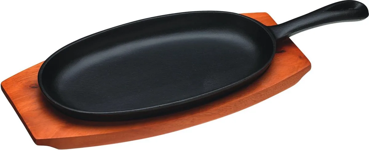 World of Flavours Sizzling Plate in Aziatische Stijl met Houten Serveerplank - Gietijzer 34,5 x 14,5 x 3,5 Centimeter de KitchenCraft en Zwart – bruin – photo produit
