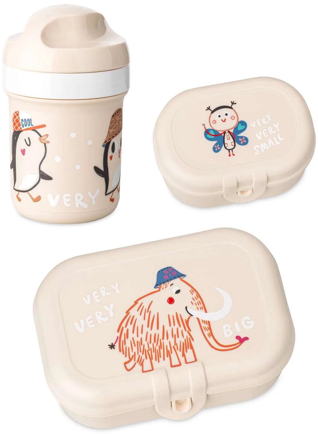 Set drinkfles 200 ml en lunchbox HOP ON AT HOME, 3-delig fra Koziol i Amandel – produktbillede