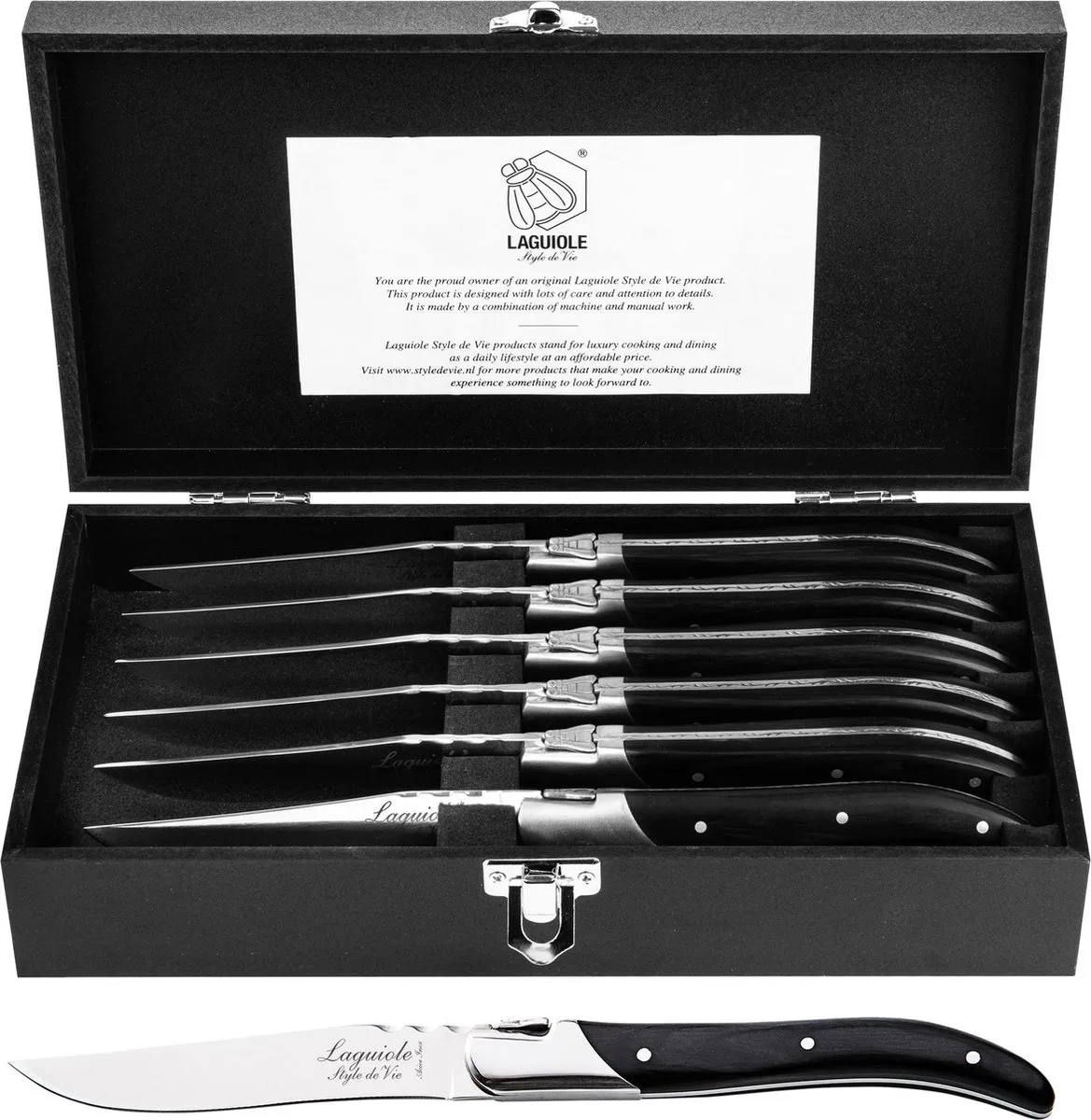 Steakmessen Luxury Line - 6-delig - Pakkahout van Laguiole Style de Vie in Zwart – productfoto