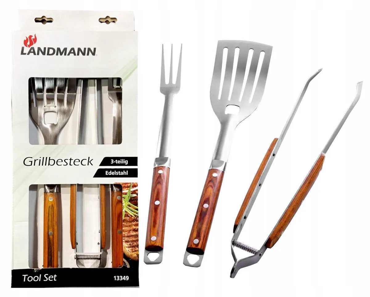 Landmann 13349 Grillbestek Set: Tang, Spatel, Vork - RVS & Hout de Landmann – photo produit