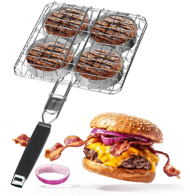 Pure grillpan | Voor 4 hamburgerpatties en gehaktballetjes & extra breed voor Amerikaanse hamburgerpatties | Rubberen handgreep voor veilig gebruik | Incl. 4 metalen ringen [roestvrij staal]