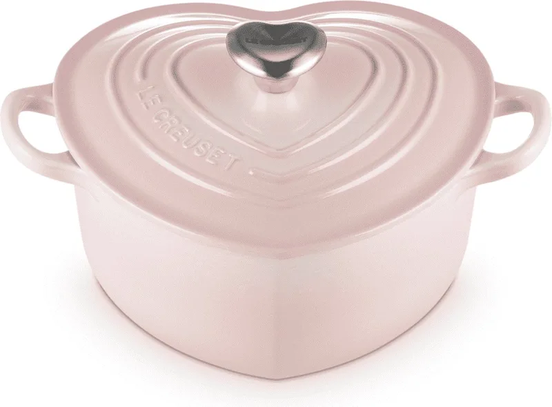 Braadpan - Hart - in Geëmailleerd Gietijzer - met RVS Hartjesknop by Le Creuset in Shell Pink – product photo