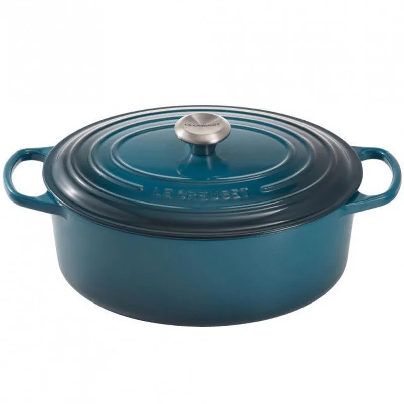 Braadpan Signature Ovaal – Ø 31 cm / 6,3 Liter – Grote Ovale Braadpan van Gietijzer – In Stijlvolle Donkerblauwe Deap Teal Kleur – Voor Braadstukken, Grote Maaltijden en Langzaam Garen – Inductie- en Ovenbestendig de Le Creuset en Deep Teal – photo produit