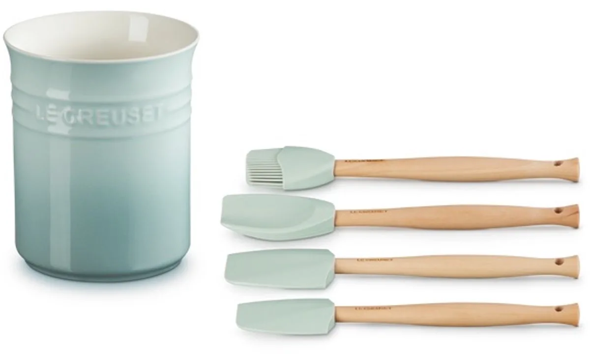 Geschenkset met Spatelpot + SPATELS SEA SALT van Le Creuset in Groen – productfoto