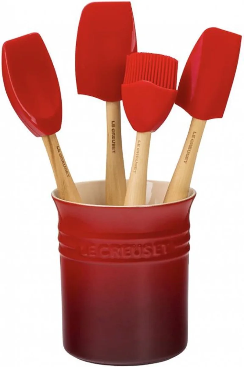 Silicone Set met 4 Premium Spatels in Spatelpot de Le Creuset en Kersenrood – photo produit