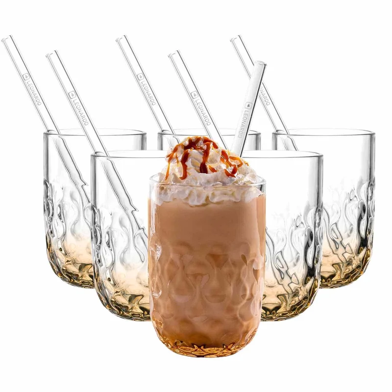 Caramel Macchiato Gläser mit Glastrinkhalm (2) Gocce 390 ml Set van 6 by Leonardo in Abrikoos – product photo