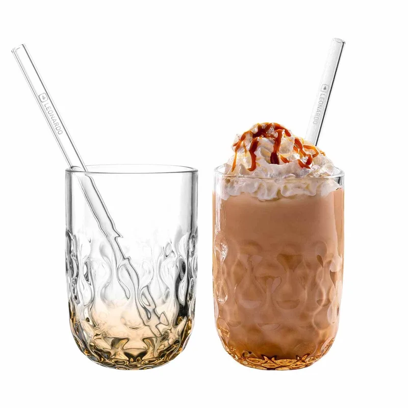Caramel Macchiato Gläser mit Glastrinkhalm (2) Gocce 390 ml Set van 2 by Leonardo in Abrikoos – product photo