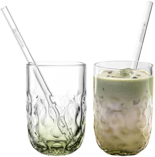 Matcha Latte Gläser mit Glastrinkhalm (2) Gocce 390 ml Set van 2 von Leonardo in Grün – Produktfoto 1 von 5