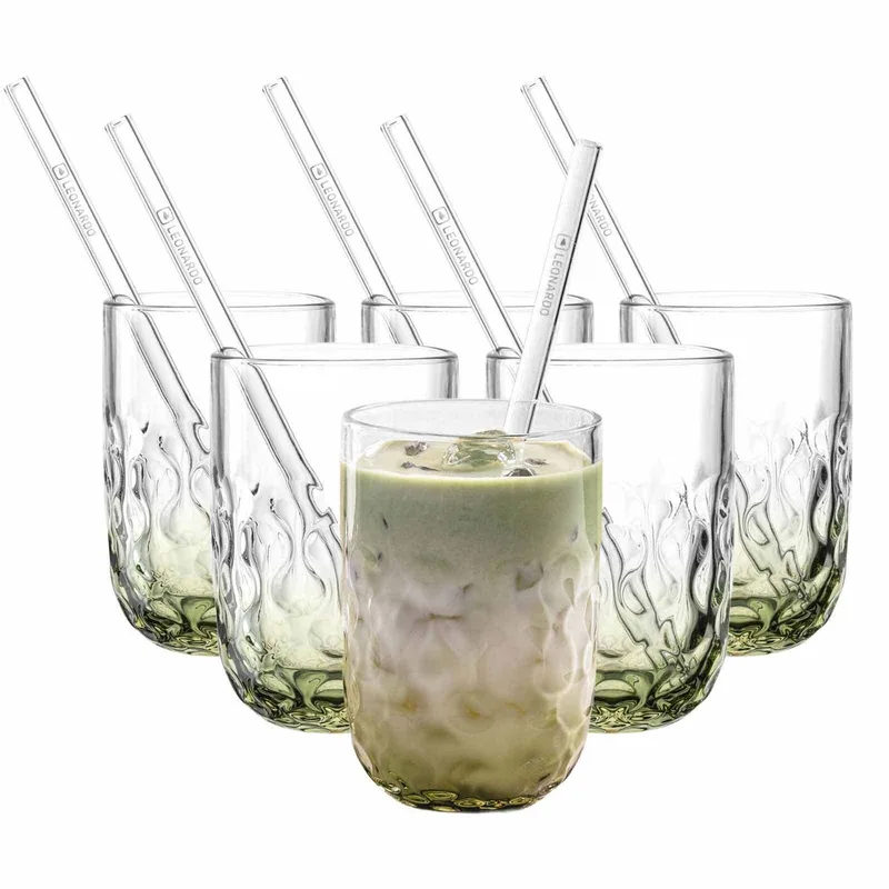 Matcha Latte Gläser mit Glastrinkhalm (2) Gocce 390 ml Set van 6 de Leonardo en Vert – photo produit