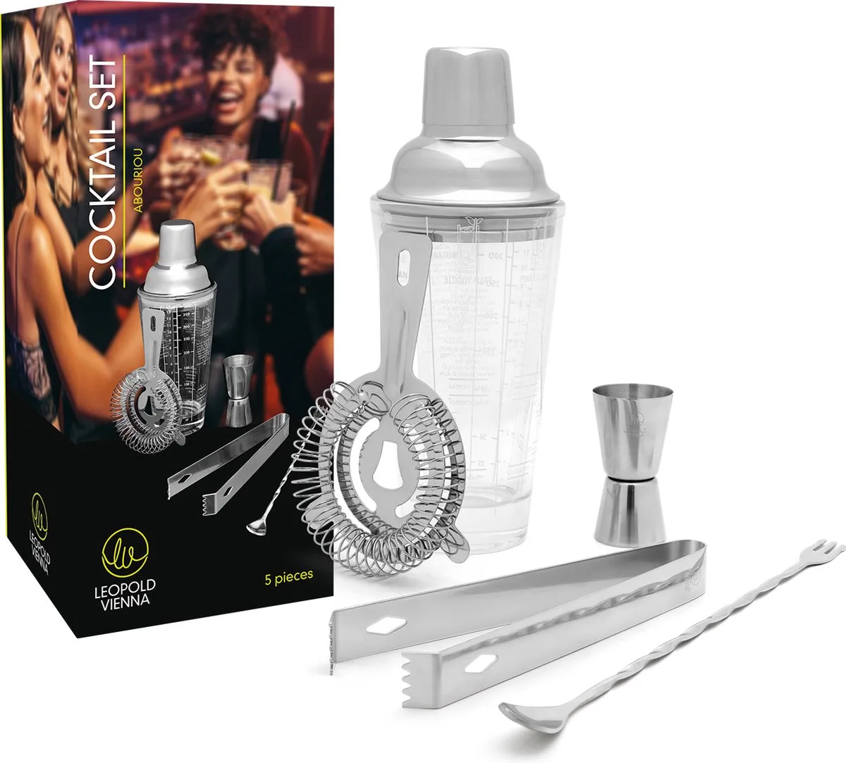 Cocktail set Abouriou 5-delig (cocktail shaker, jigger/pipet, strainer, tang, barlepel) cadeau giftset van Leopold Vienna in Transparant – productfoto