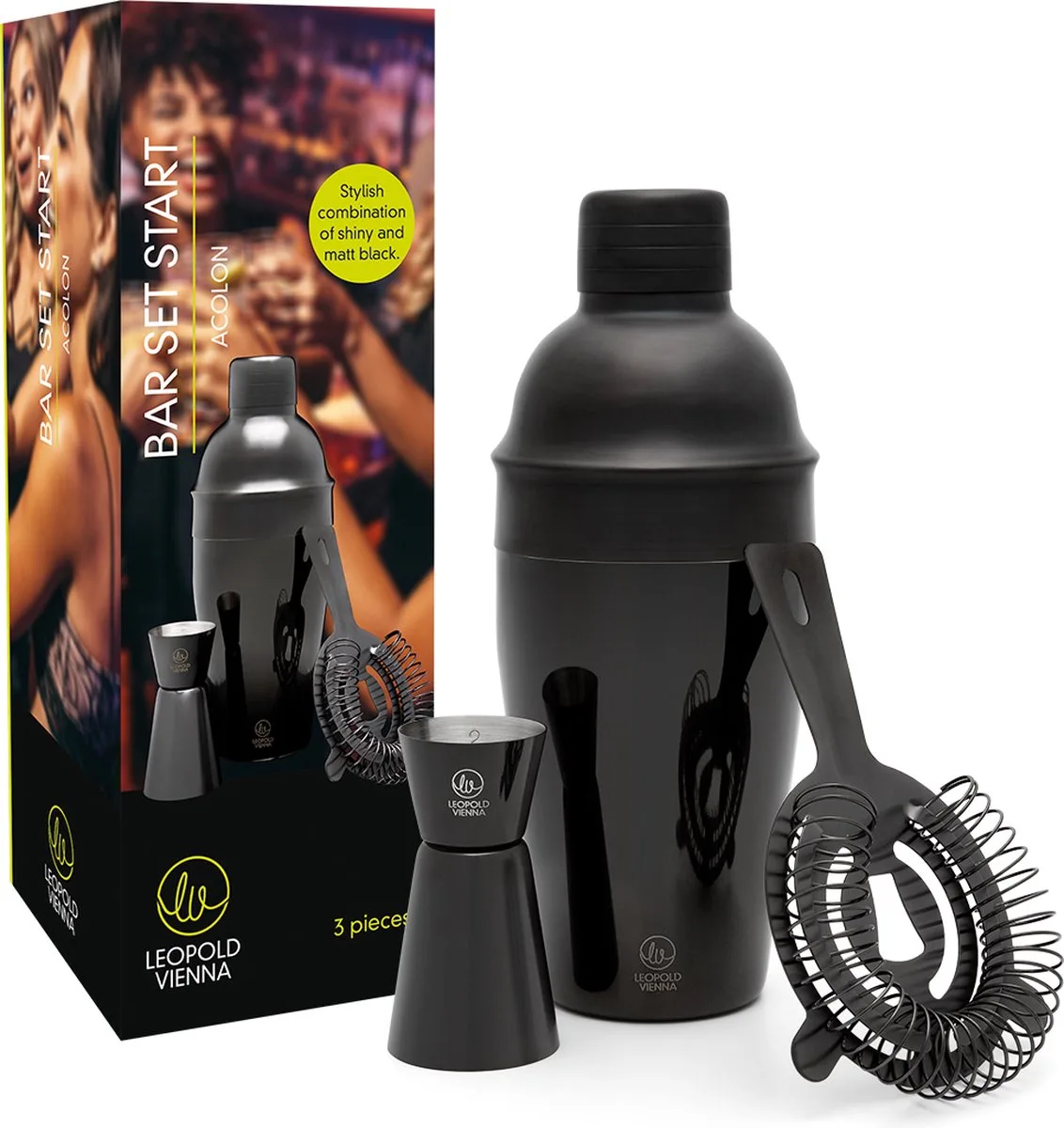 Cocktail set Acolon 3-delig (cocktail shaker, strainer, pipet) cadeau giftset van Leopold Vienna in Zwart – productfoto