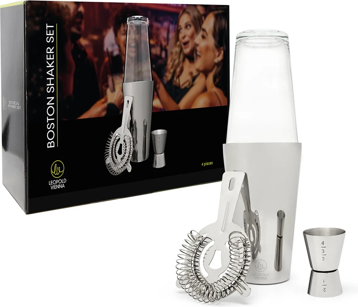 Cocktail set Boston (cocktail shakebeker, zeef, jigger/pipet) cadeau giftset van Leopold Vienna in Rvs – productfoto
