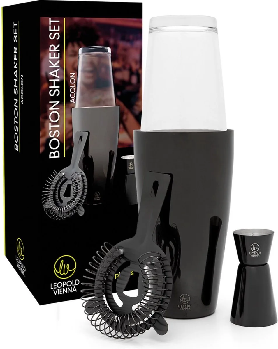 Cocktail set Boston RVS (cocktail shaker, pipet, strainer) moederdag giftset van Leopold Vienna in Zwart – productfoto