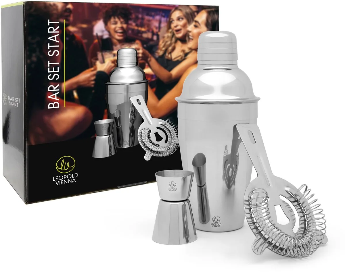 Cocktail set Start 3-delig (cocktail shakebeker, jigger/pipet, zeef/strainer) cadeau giftset van Leopold Vienna in Zilver – productfoto