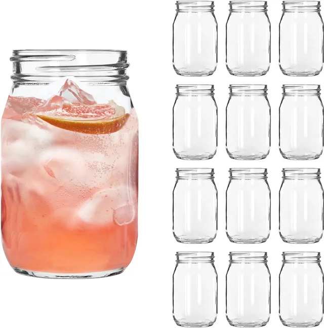 Mason Jar Drinkglazen - Waterglazen Set - Geperst Glas - 473 ml - 12 Stuks