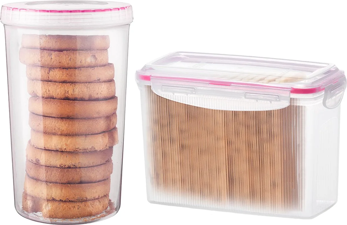 Beschuitbus en Cracker bewaardoos - Knackebrod bewaardoos - 100% luchtdicht - BPA vrij - PFAS vrij - Bewaardoos met deksel - Voorraaddozen - Set van 2 stuks - met Roze ring de Lock&Lock en Transparent – photo produit