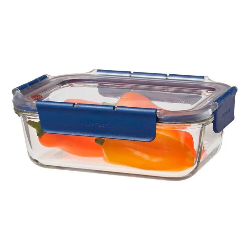 Boroseal Hitzebeständige Glas rechteckige Frischhaltedose, 1,0 L, Klarer Glasbehälter/Blauer Tritan-Deckel, Borosilikatglas/Tritan-Deckel/Silikon-Dichtung/4-seitiges Verschlusssystem/Luftdicht & wasserdicht/Backofengeeignet (Deckel abgenommen, bis zu 400 °C)/Mikrowellengeeignet (Deckel abg de Lock&Lock – photo produit