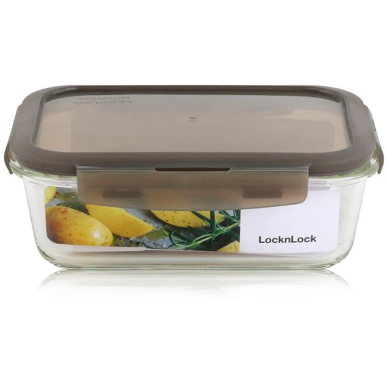 Boroseal Hitzebeständige Glas rechteckige Frischhaltedose, 630 ml, Klarer Glasbehälter/Grauer Deckel, Borosilikatglas/4-seitiger Verschluss/Backofengeeignet (ohne Deckel, bis 400 °C)/Mikrowellengeeignet (ohne Deckel)/Gefriergeeignet (-20 °C)/Spülmaschinenfest (oberer Korb) de Lock&Lock – photo produit