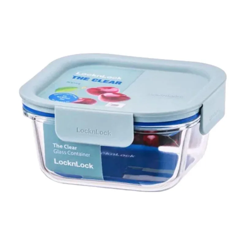 Clear quadratischer Glas-Frischhaltedose, 750 ml, transparenter Glasbehälter/minzgrüner Deckel, Glasmaterial/luftdichter und auslaufsicherer Verschluss/transparentes Design/mikrowellengeeignet/spülmaschinenfest fra Lock&Lock – produktbillede