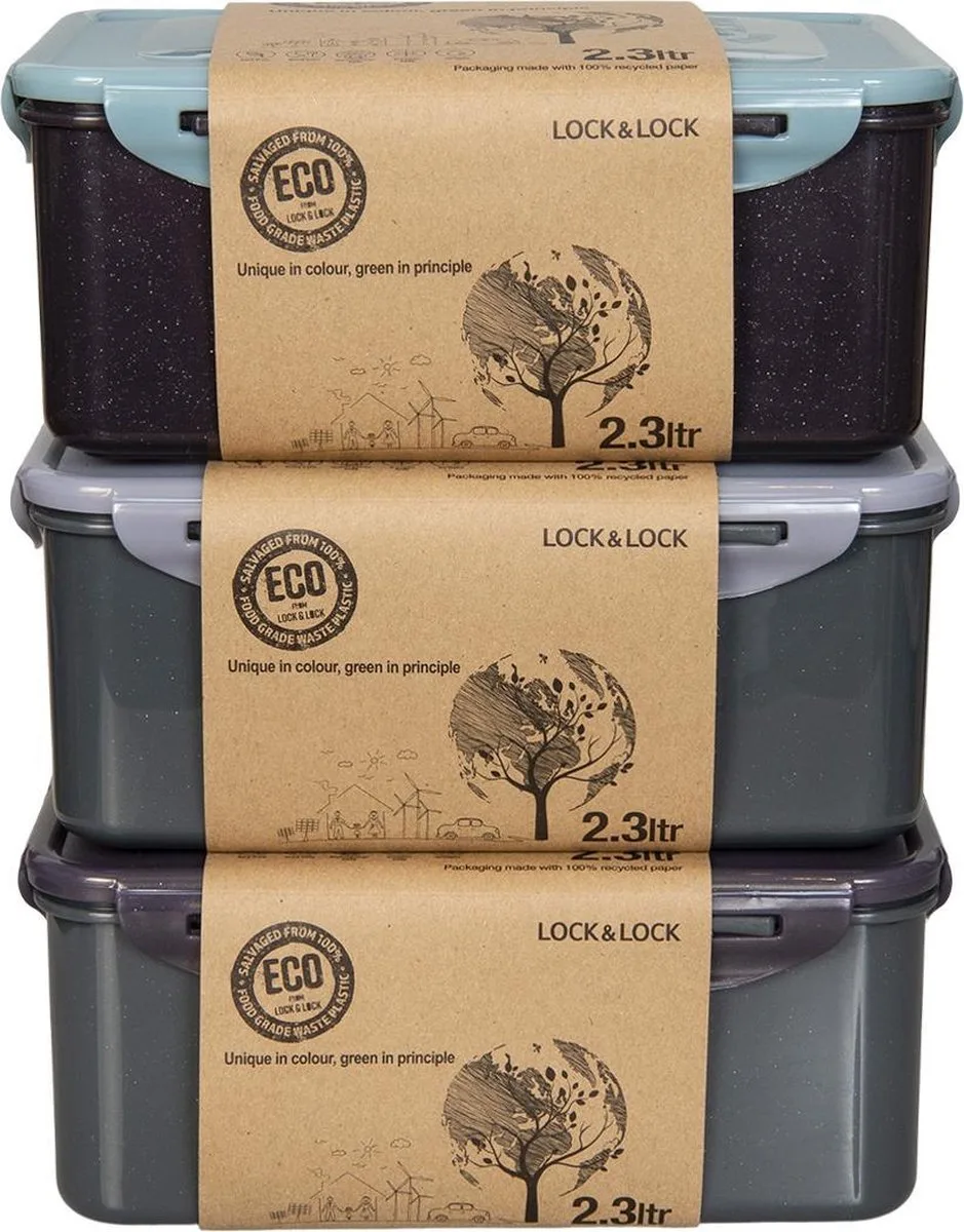 ECO Vershoudbakjes - Diepvriesbakjes - Meal prep bakjes - 2,3 liter - Set 3 stuks - 100% Gerecycled Plastic - Lekvrij - Duurzaam - Zero Waste - Magnetron bakjes met deksel - Diepvriesdozen - Lunchbox - Bewaarbakjes - Vershouddoos de Lock&Lock en Uniek – photo produit