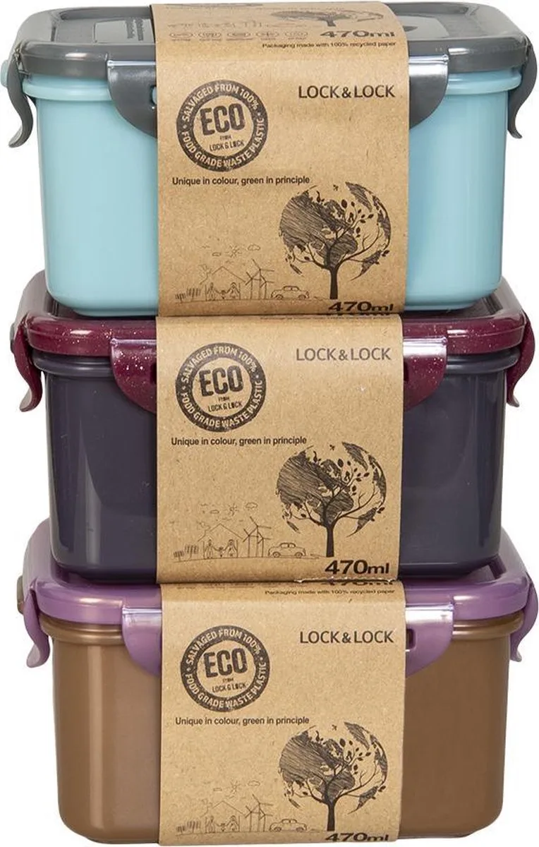 ECO Vershoudbakjes - Diepvriesbakjes - Meal prep bakjes - 470 ml - Set 3 stuks - 100% Gerecycled Plastic - Lekvrij - Duurzaam - Zero Waste - Magnetron bakjes met deksel - Diepvriesdozen - Snackdoosjes - Bewaarbakjes - Vershouddoos de Lock&Lock en Uniek – photo produit