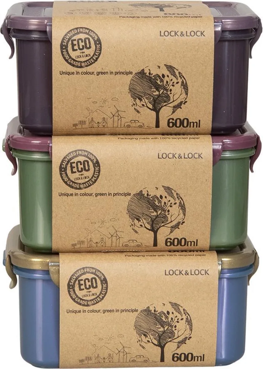 ECO Vershoudbakjes - Diepvriesbakjes - Meal prep bakjes - 600 ml - Set 3 stuks - 100% Gerecycled Plastic - Lekvrij - Duurzaam - Zero Waste - Magnetron bakjes met deksel - Diepvriesdozen - Snackdoosjes - Bewaarbakjes - Vershouddoos de Lock&Lock en Uniek – photo produit
