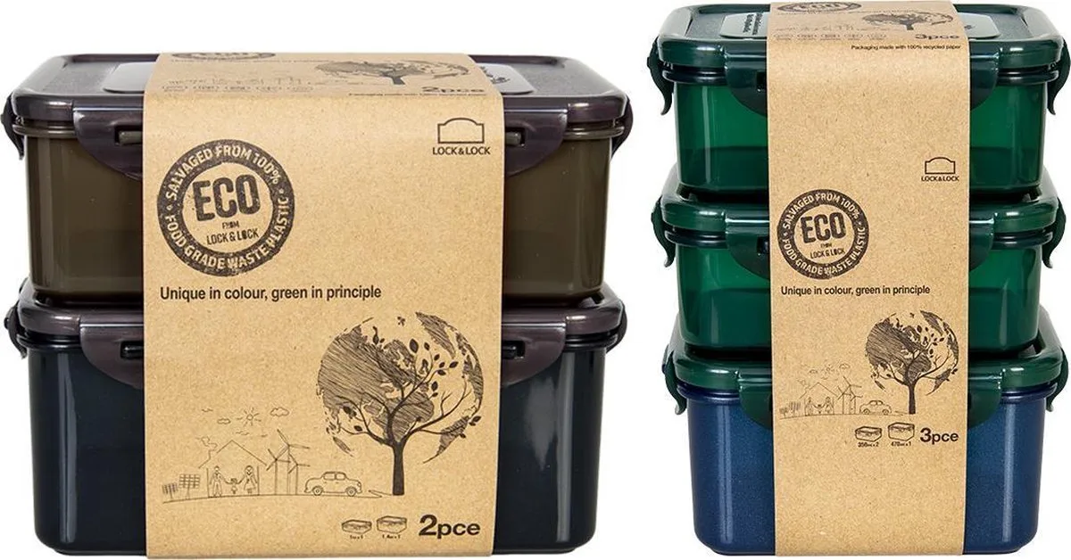 ECO Vershoudbakjes set met deksel - Meal prep bakjes - Diepvriesbakjes - Diepvriesdozen - Lunchbox - Broodtrommel - Snackdoosjes – Luchtdicht - Duurzaam – BPA vrij - PFAS vrij - 100% gerecycled plastic - Set van 5 stuks - LocknLock van Lock&Lock in Uniek – productfoto