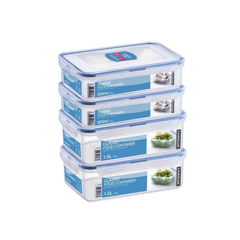 Frischhaltedosen 4er-Set – Transparente rechteckige PP-Kunststoffboxen mit luftdichten Deckeln, 2×0,8 L & 2×1 L, stapelbar, mikrowellen-, gefrier- & spülmaschinenfest fra Lock&Lock – produktbillede