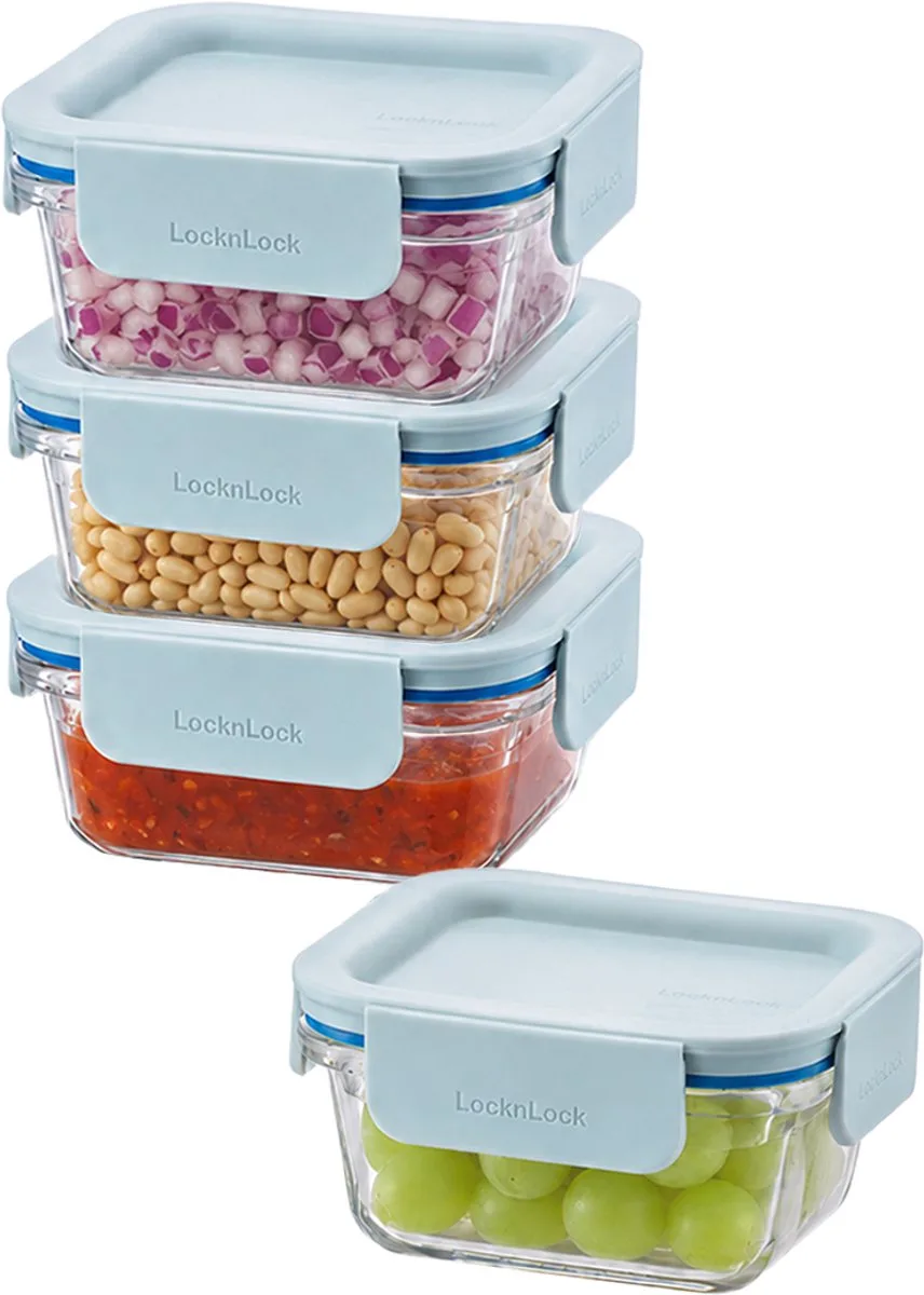 Glazen (mini) Vershoudbakjes - Meal prep bakjes glas - Ovenschaaltjes met deksel - 160 ml - Mint deksel - Luchtdicht - BPA vrij - PFAS vrij - Airfryer bakjes - Bewaarbakjes - Vershoudbakjes glas - 1 persoons ovenschaal - Set van 4 stuks van Lock&Lock in Transparant – productfoto