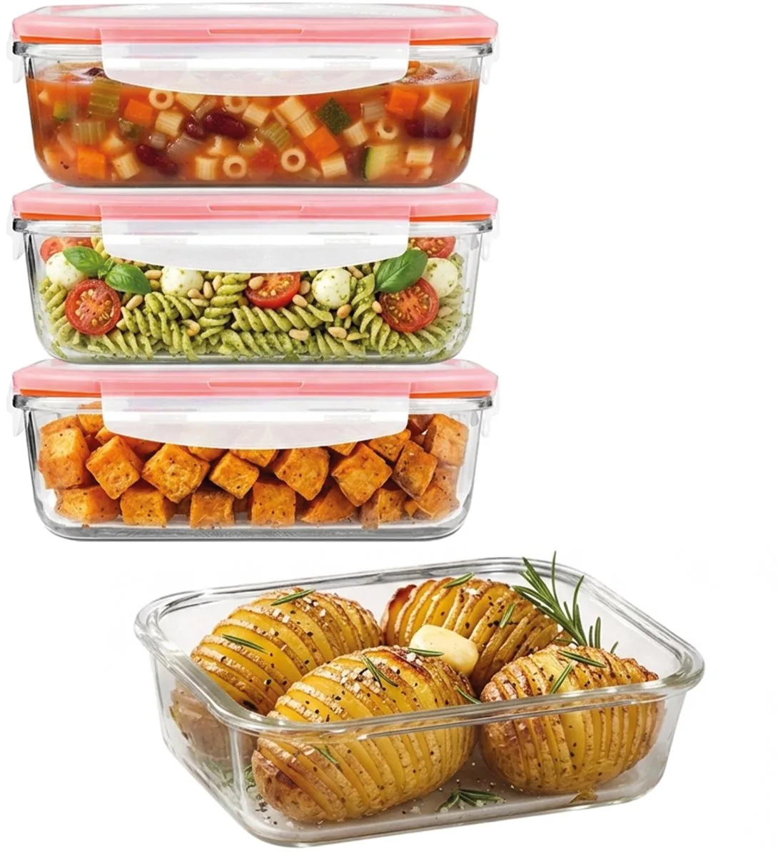 Glazen vershoudbakjes - Meal prep bakjes glas - Ovenschaal met deksel - 1 liter - Luchtdicht - BPA vrij - PFAS vrij - Borosilicaatglas - Bewaarbakjes - Vershoudbakjes glas - Set van 4 stuks by Lock&Lock in Transparent – product photo