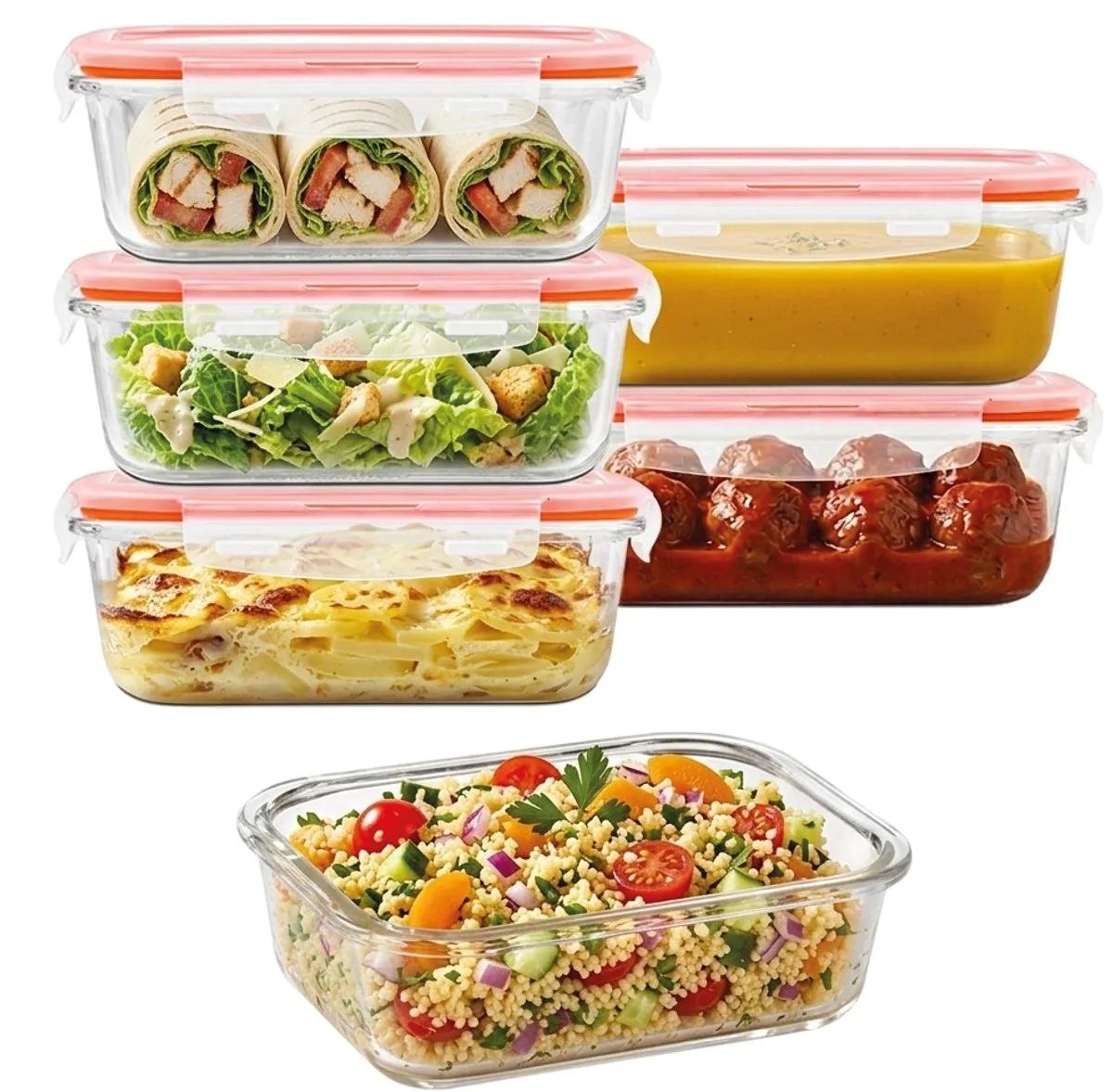 Glazen Vershoudbakjes - Meal prep bakjes glas - Ovenschaaltjes met deksel - 630 ml - Luchtdicht - BPA vrij - PFAS vrij - Borosilicaatglas - Bewaarbakjes - Vershoudbakjes glas - 1 persoons ovenschaal - Set van 6 stuks van Lock&Lock in Transparant – productfoto