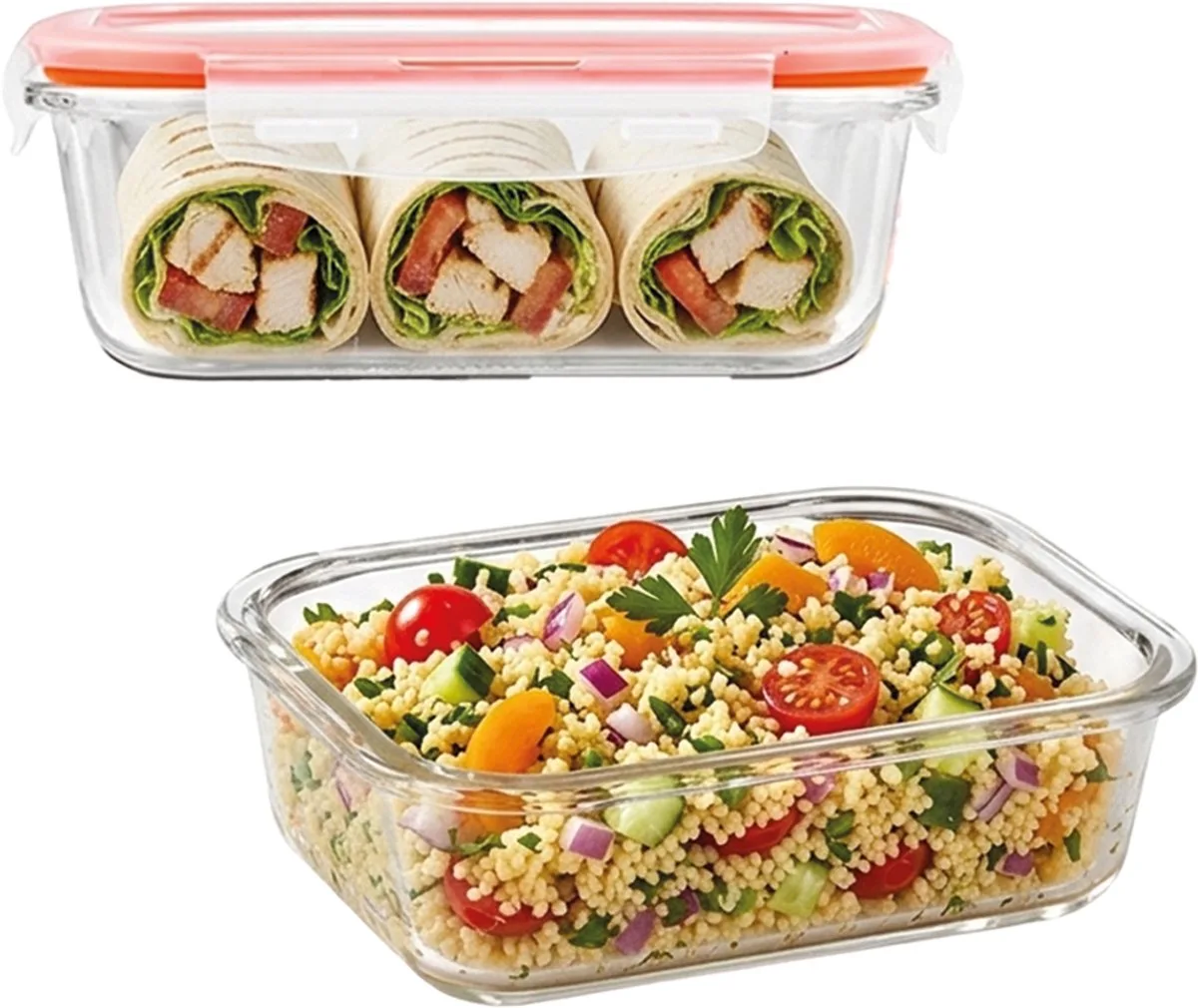 Glazen vershoudbakjes - Meal prep bakjes glas - Ovenschaaltjes met deksel - 630 ml - Luchtdicht - BPA vrij - PFAS vrij - Borosilicaatglas - Airfryer bakjes - Bewaarbakjes - Vershoudbakjes glas - 1 persoons ovenschaal - Set van 2 stuks van Lock&Lock in Transparant – productfoto