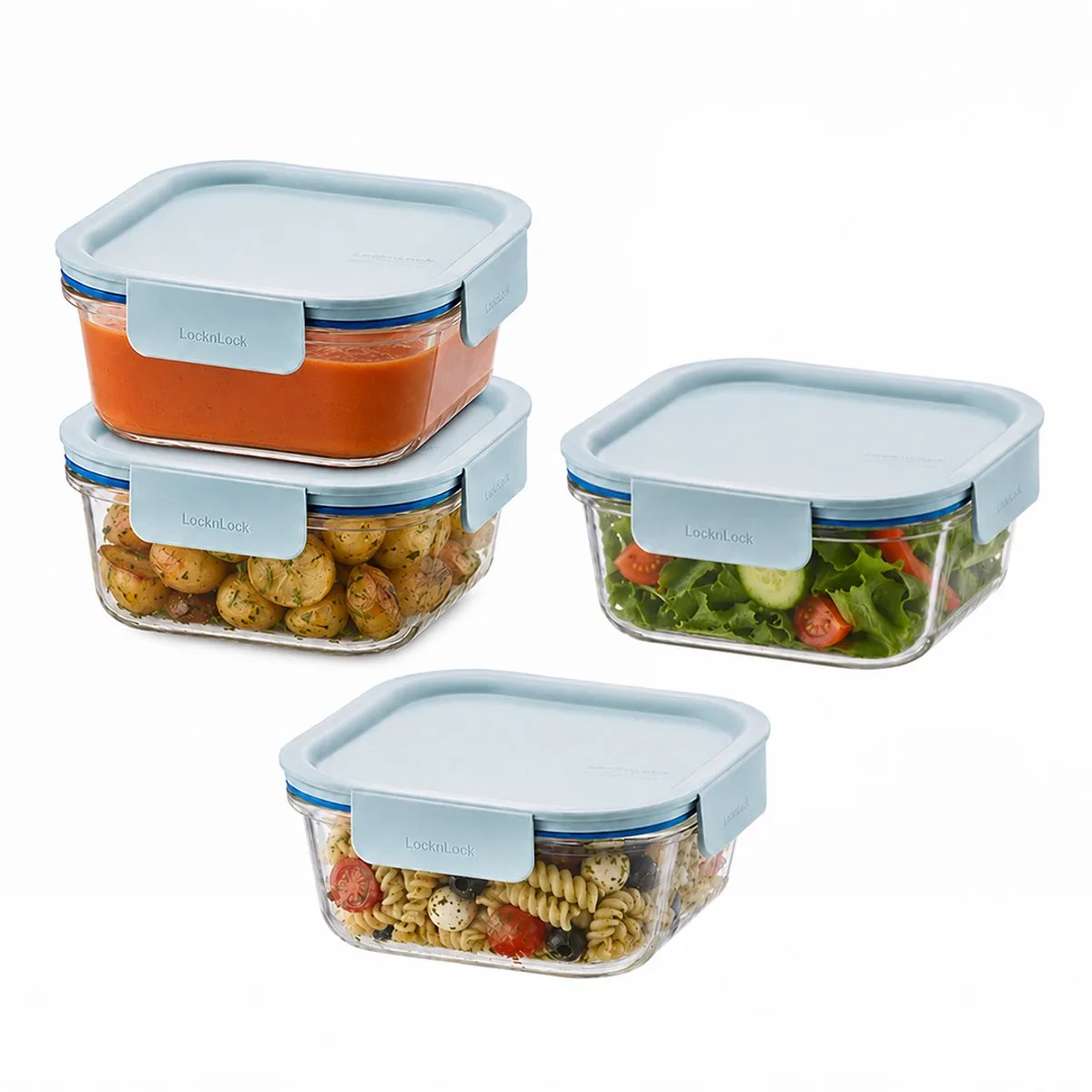 Glazen Vershoudbakjes - Meal prep bakjes glas - Ovenschaaltjes met deksel - 750 ml - Mint deksel - Luchtdicht - BPA vrij - PFAS vrij - Airfryer bakjes - Bewaarbakjes - Vershoudbakjes glas - 1 persoons ovenschaal - Vierkant - Set van 4 stuks van Lock&Lock in Transparant – productfoto
