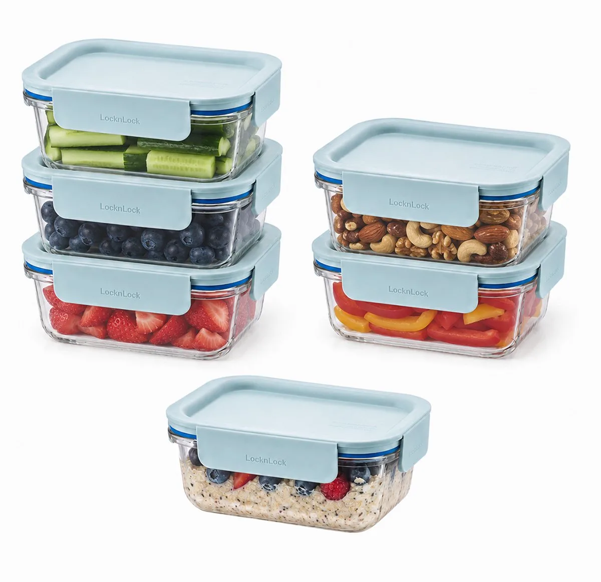 Glazen Vershoudbakjes - Meal prep bakjes glas - Ovenschaaltjes met deksel - 380 ml - Mint deksel - Luchtdicht - BPA vrij - PFAS vrij - Airfryer bakjes - Bewaarbakjes - Vershoudbakjes glas - 1 persoons ovenschaal - Set van 6 stuks van Lock&Lock in Transparant – productfoto