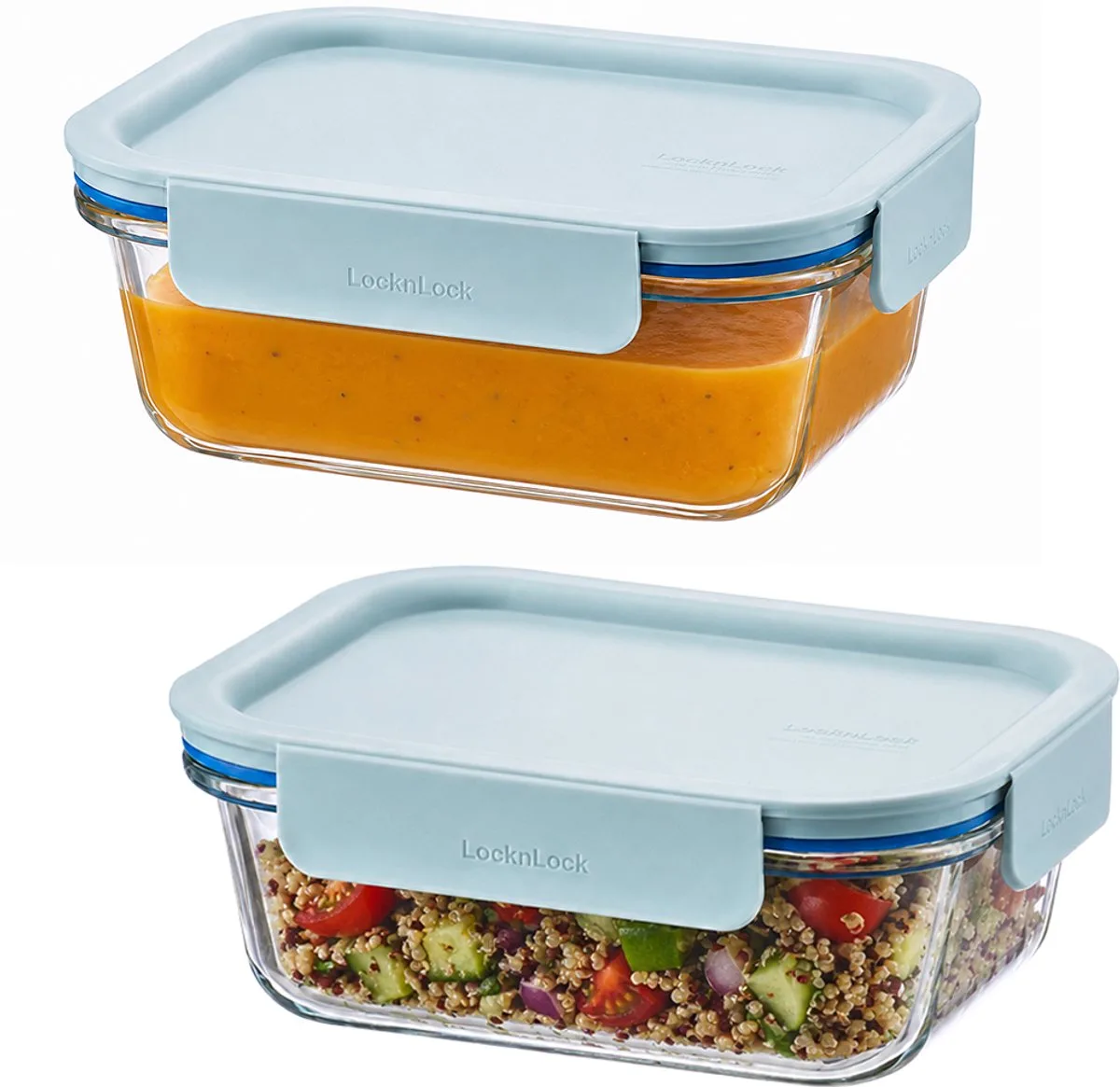 Glazen vershoudbakjes - Meal prep bakjes glas - Ovenschaaltjes met deksel - 630 ml - Mint deksel - Luchtdicht - BPA vrij - PFAS vrij - Airfryer bakjes - Bewaarbakjes - Vershoudbakjes glas - 1 persoons ovenschaal - Set van 2 stuks van Lock&Lock in Transparant – productfoto