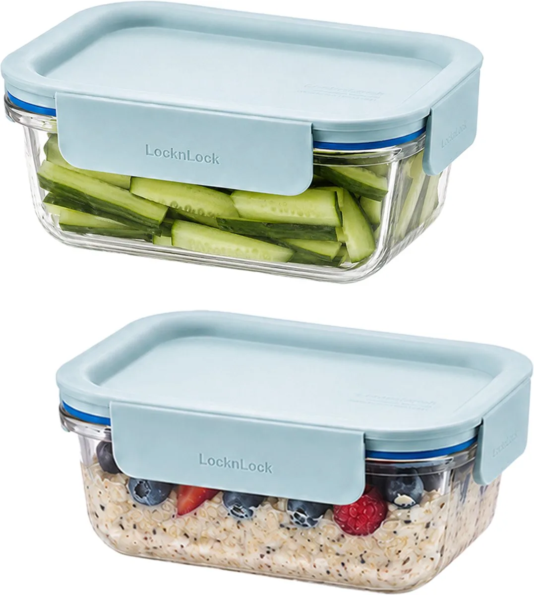 Glazen Vershoudbakjes - Meal prep bakjes glas - Ovenschaaltjes met deksel - 380 ml - Mint deksel - Luchtdicht - BPA vrij - PFAS vrij - Airfryer bakjes - Bewaarbakjes - Vershoudbakjes glas - 1 persoons ovenschaal - Set van 2 stuks van Lock&Lock in Transparant – productfoto