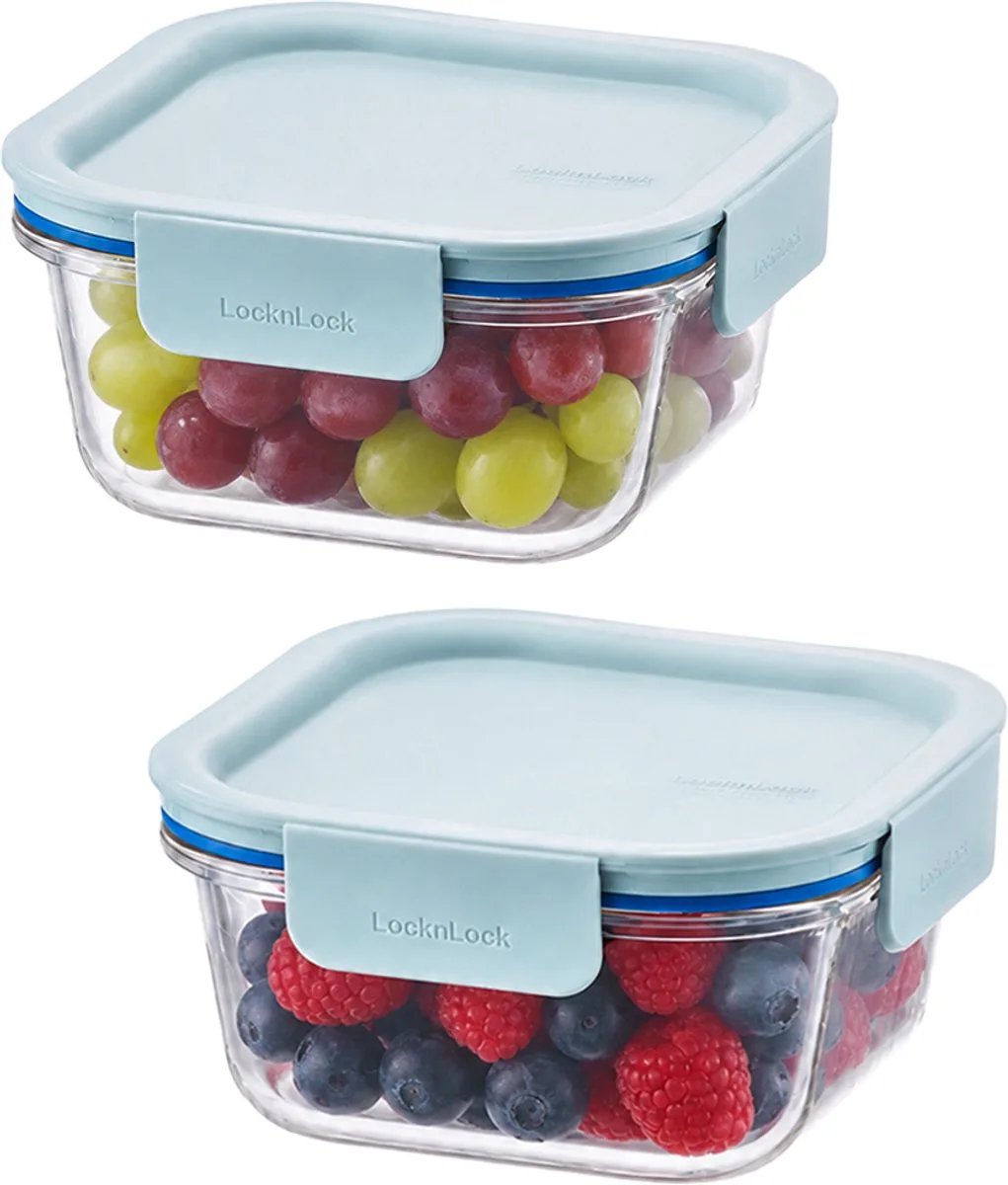 Glazen Vershoudbakjes - Meal prep bakjes - Ovenschaaltjes met deksel - 500 ml - Mint deksel - Luchtdicht - BPA vrij - PFAS vrij - Airfryer bakjes - Bewaarbakjes - Vershoudbakjes glas - 1 persoons ovenschaal - Vierkant - Set van 2 stuks van Lock&Lock in Transparant – productfoto