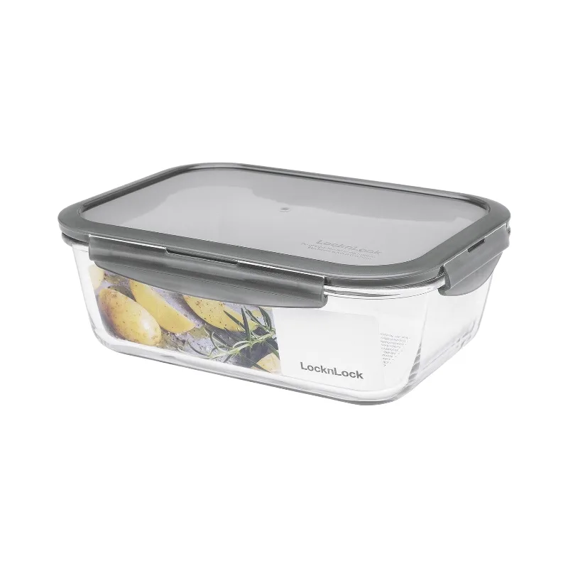 Hitzebeständige Glas-Frischhaltedose 2,0 L – Transparenter Behälter mit grauem Deckel, Backofen-, Mikrowellen- & spülmaschinenfeste Glas-Aufbewahrungsbox mit luftdichter Silikonversiegelung från Lock&Lock – produktbild