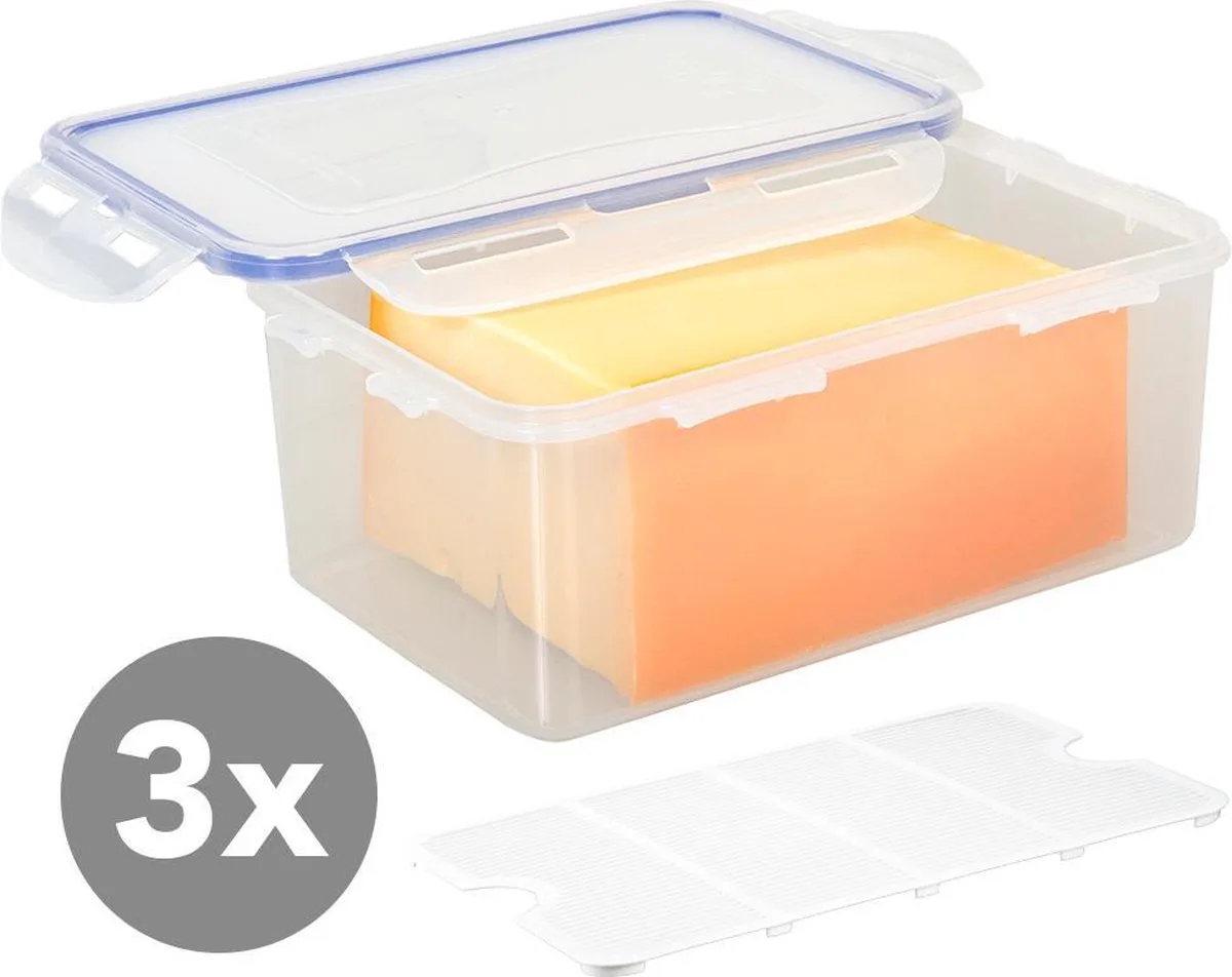Kaasdoos - Bewaardoos Kaas - Vershoudbakjes set met deksel - Diepvriesbakjes - Bewaarbakjes - Diepvriesdozen - Vershouddoos - Set van 3 stuks - 1,4 liter - Luchtdicht - Met vochtrooster - LocknLock van Lock&Lock in Transparant – productfoto