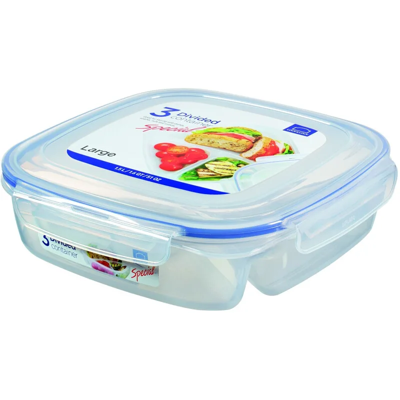 LocknLock 3-Fächer-Mahlzeitenservierplatte/Frischhaltedose, 1,5 L, Transparent, PP-Kunststoff/4-seitiges Verschlusssystem/luftdicht & auslaufsicher/3-fach geteiltes Design (1 großes + 2 kleine Fächer)/BPA-frei/Gefriergeeignet (-20 °C)/Mikrowellengeeignet (Deckel abgenommen, bis zu 120 °C)/Spülmaschi de Lock&Lock – photo produit