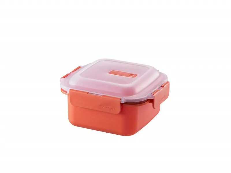 mikrowellengeeigneter quadratischer Frischhaltedose, 1100 ml, Orange/Transparent, PP-Kunststoff/luftdichter Clip-Verschluss/integriertes Dampfventil/Hitzebeständig bis 140 °C/BPA-frei/spülmaschinenfest/nicht backofengeeignet van Lock&Lock – productfoto